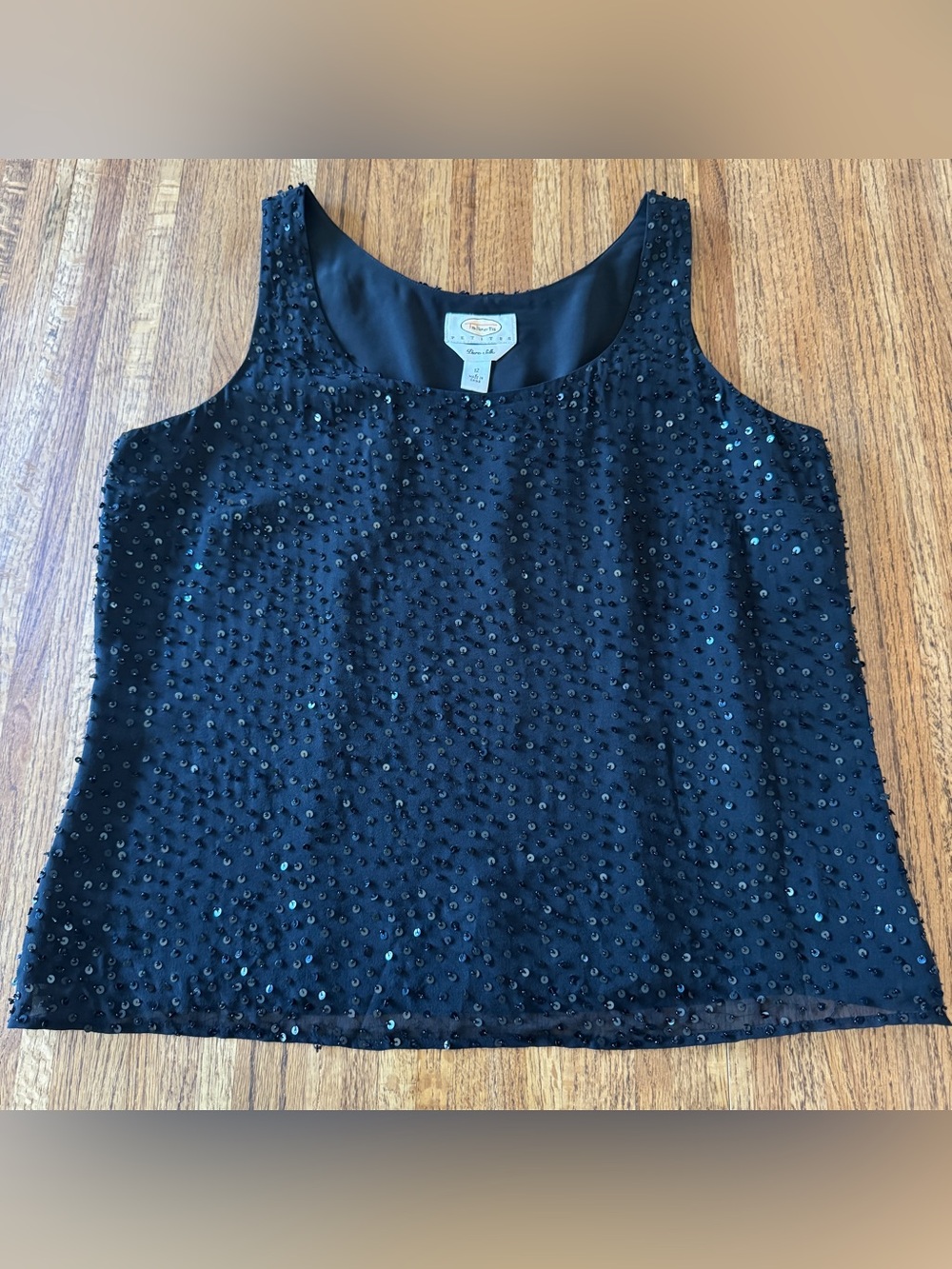 Talbots Petites Pure Silk Sequin Tank Top Size 12 Black Side Zip Evening